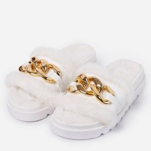 White Open Toe Chain Detail Fur Slip On Sandals